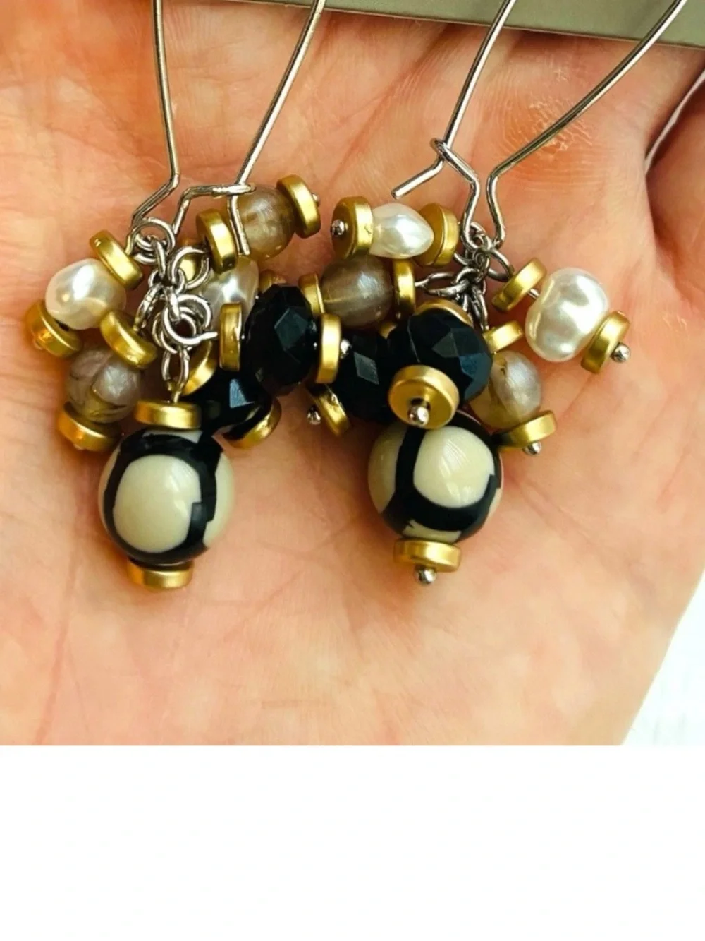 Chico's Black, Cream, Gold Beaded Cluster Wire Drop Earrings